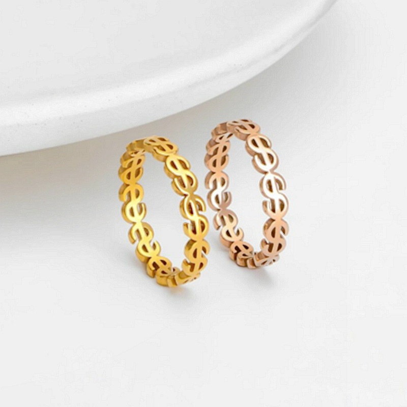 Luxurious Stainless Steel US Dollar Symbol Ring 4MM Creative Designer 18K Gold Silver Plated TItanium Steel USD Rings for Women Men Wedding Jewelry Gi