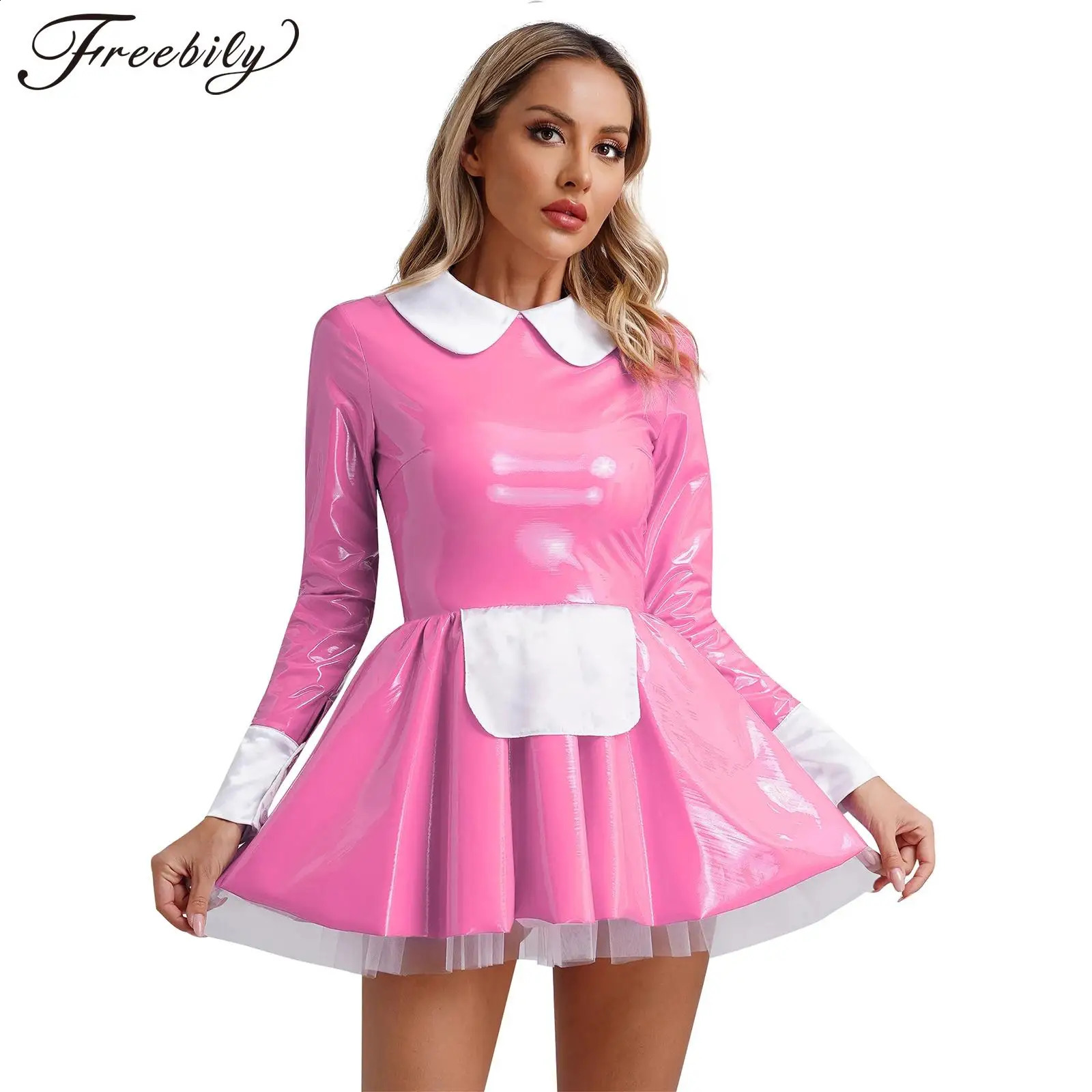 Womens sexy artificial latex French maid dress Halloween sweet Lolita cosplay A-line mini dress club costume maid Wante maid costume 240923