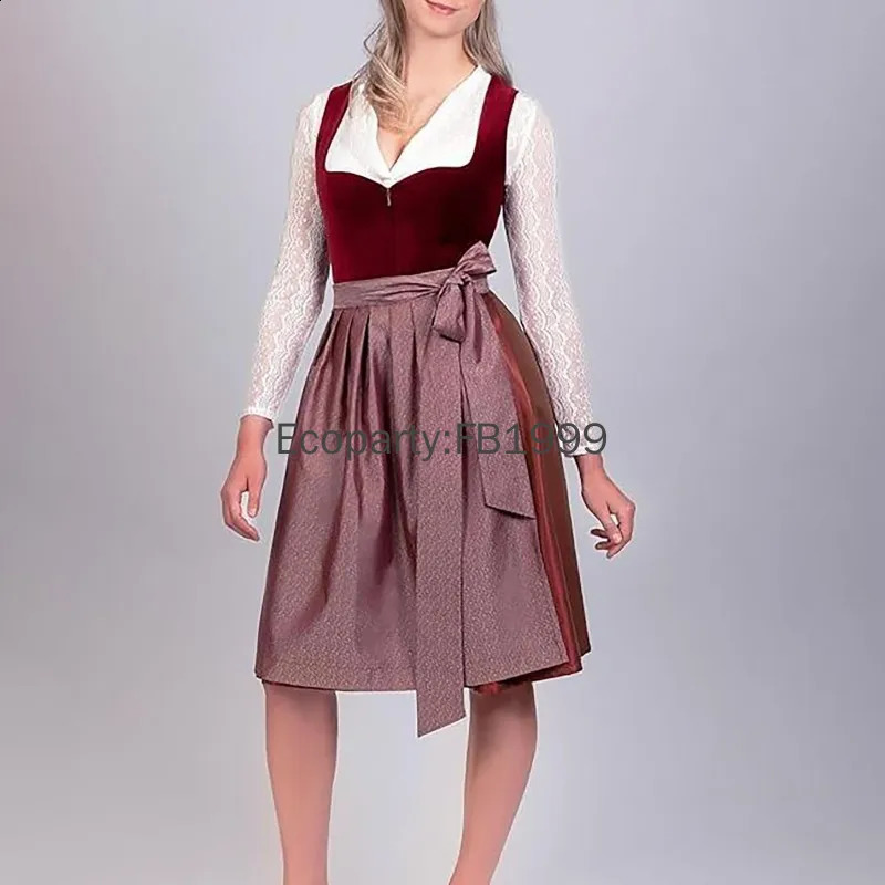 Womens German Beer Girl Role Playing Costume Bavarian Beer Festival Red Velvet Dirndl Dress with Apron Carnival Party Costume 240927