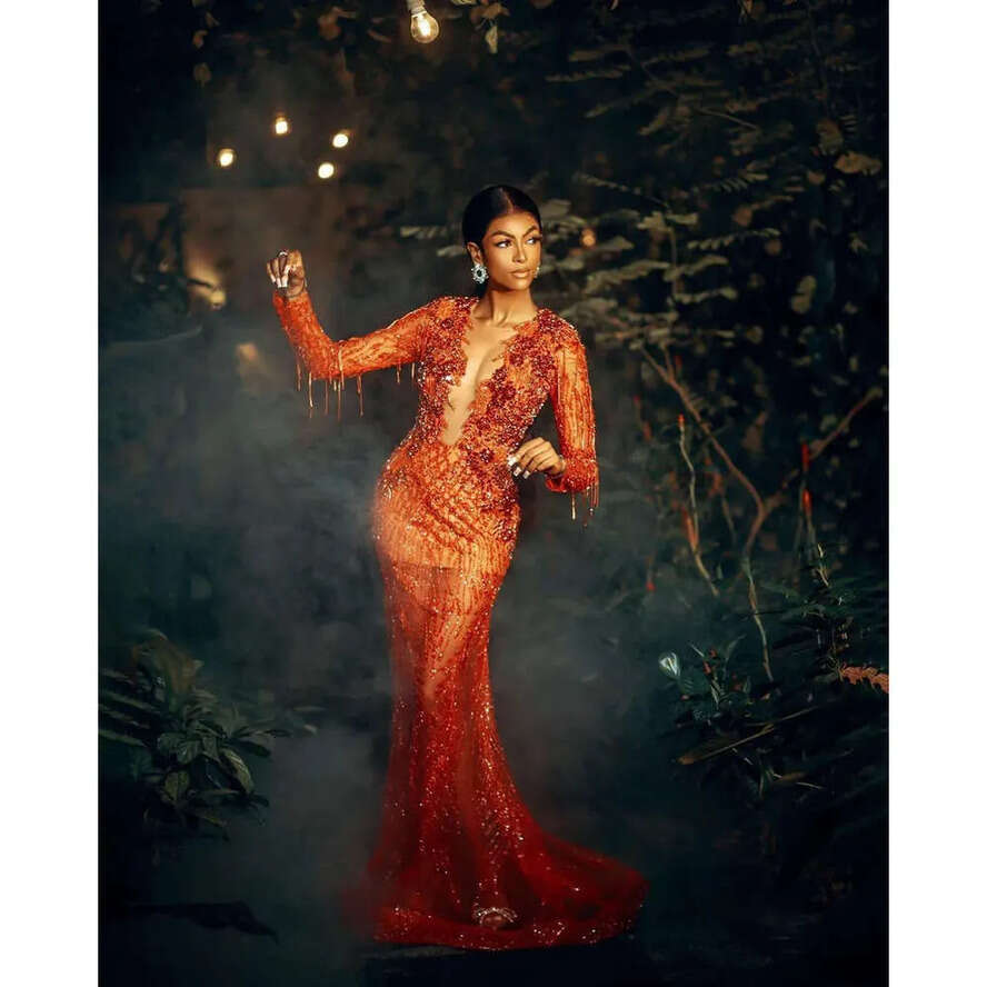 Shining Deep Prom Mermaid V-Neck Glamorous Dresses Beaded Tassel Long Sleeves Backless Zipper Or Length Custom Made Evening Dress Plus Size