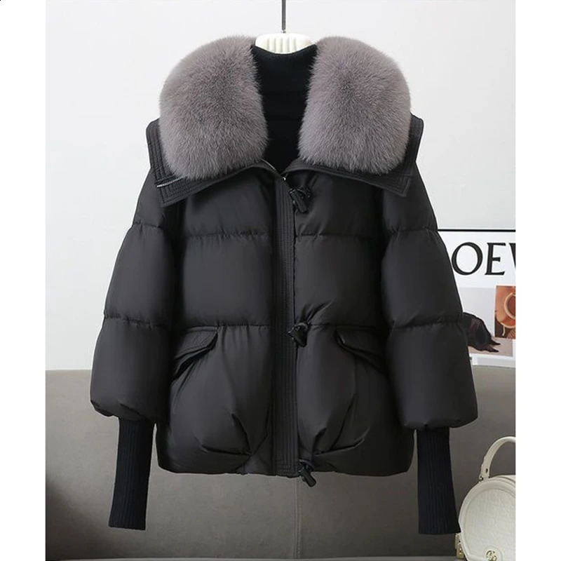 Winter Fur Collar Puffer Down Parka Loose Down Warmer Thicken Snow Jacket Pocket Zipper Faux Fur Outerwear Female 241105