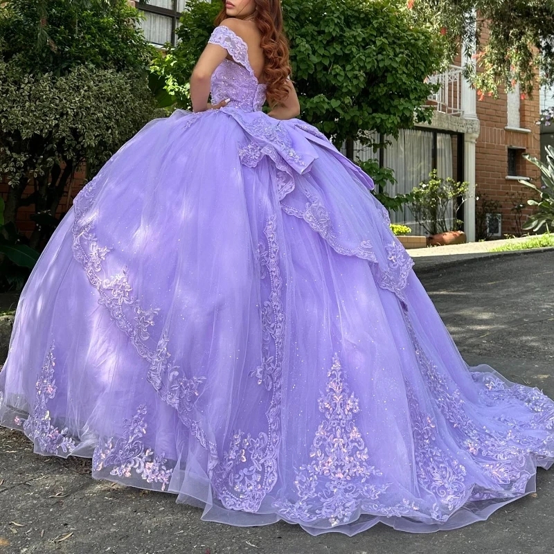 Lavender Ball Gown Quinceanera Dresses Off The Shoulder Birthday Party Vestido De 15 Anos Appliques Lace Beads Tull Sweet 16 Dress