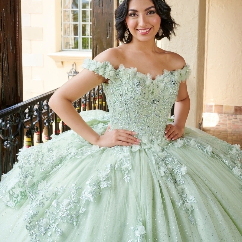 Sage Green Shiny Quinceanera Dresses Ball Gown Off The Shoulder Applique Lace Bow Beads Tull Sweet 16 Dress vestidos 15 De Anos