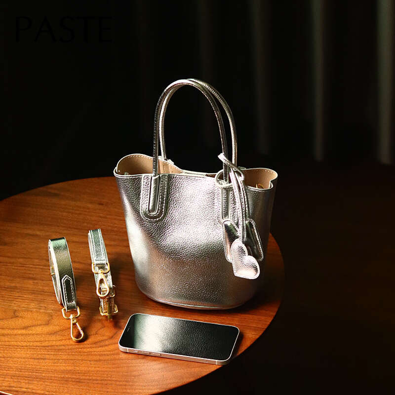 Small Fashion 2024 Trend Stylish Bucket Tote Sier Pink Color New Import Cow Leather Women Shoulder Bag 2 Straps Handbag