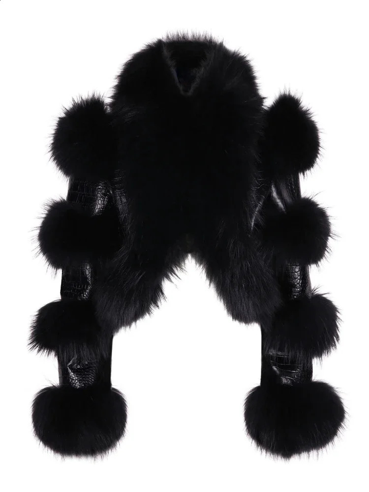 RR2775 Plus Size Artificial Fox Fur Winter Jacket Womens Leather Short Crop Jacket Womens Cotton Lined Fur Decorative Leather 240927