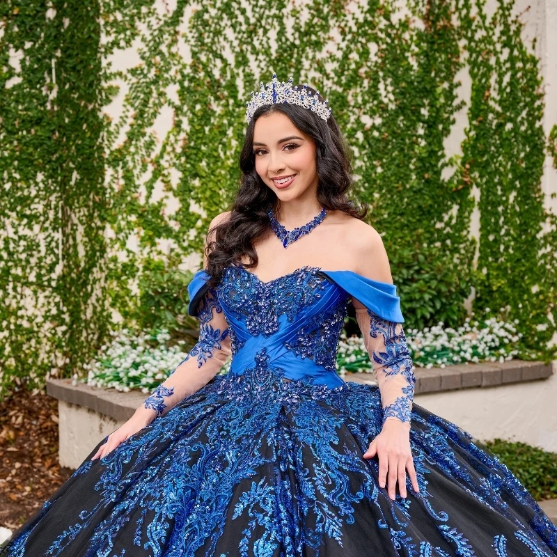 Navy Blue Sparkly Quinceanera Dresses Off Shoulder Sequin Applique Lace Corset Vestido 15 Anos quinceanera Lace-up Sweet 16 Dress