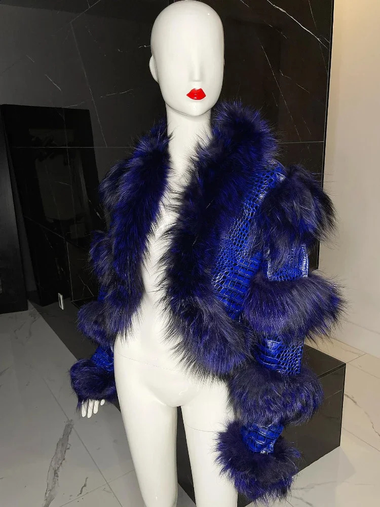 RR2775 Plus Size Artificial Fox Fur Winter Jacket Womens Leather Short Crop Jacket Womens Cotton Lined Fur Decorative Leather 240927