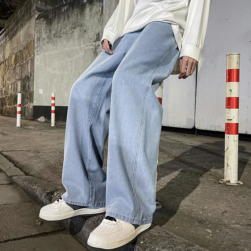 Korean fashion mens bag jeans elastic waist classic olive straight leg denim wide leg pants mens light blue gray black 240926