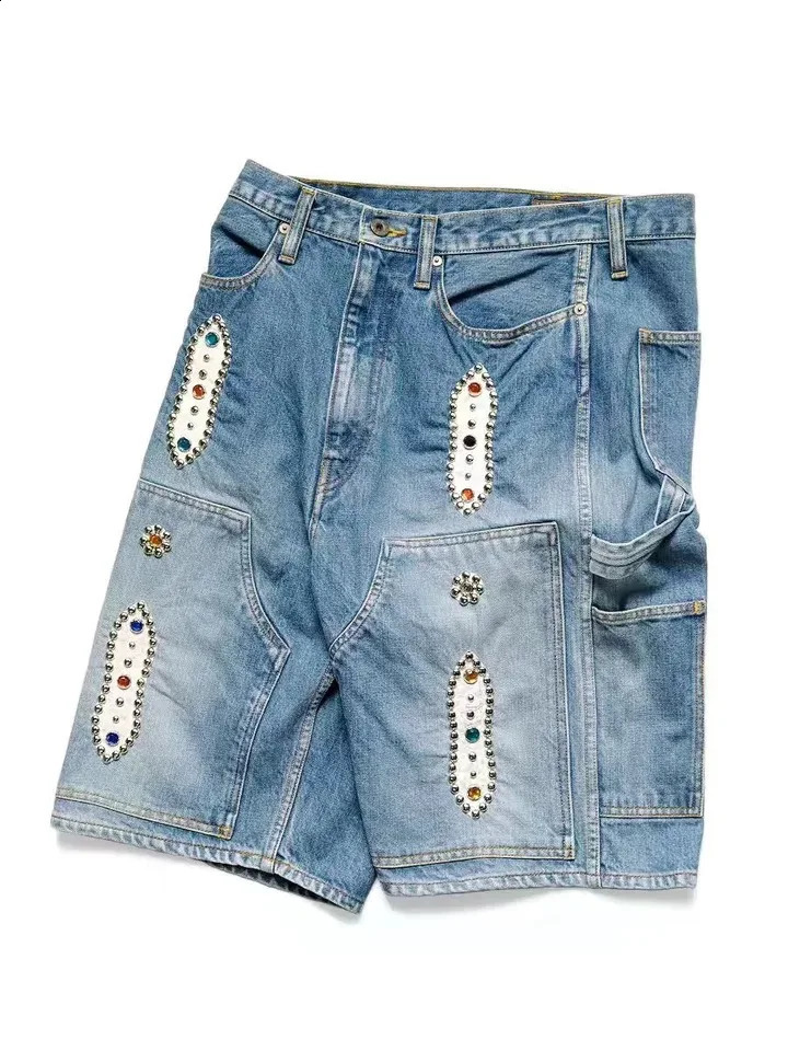 Street Clothing Y2K Denim Shorts Fashion Pocket Embroidered Bag Womens Hip Hop High Waist Wide Leg Sports 240926