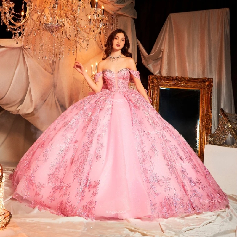 Pink Shiny Ball Gown Quinceanera Dresses Off The Shoulder Sequined Appliques Beading Crystal Tull Bow Corset Vestidos De 15 Anos