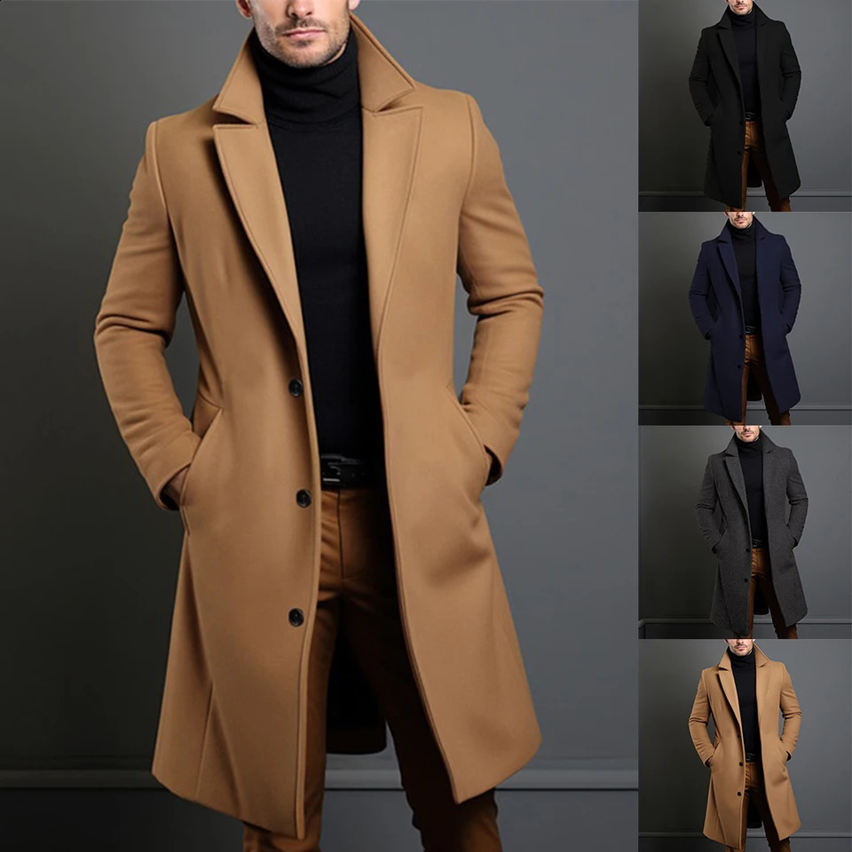 Atutumn Winter Long Warm Wool Trench Coat For Men Solid Color Single Breasted Wool Blends-Overcoat Tops Coats Clothing 240927