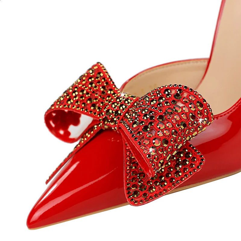 BIGTREE Pump Womens 10.5cm Heel Water Diamond Bow Womens Heel Fine High Heel Patent Leather High Heel Womens Shoes 240925