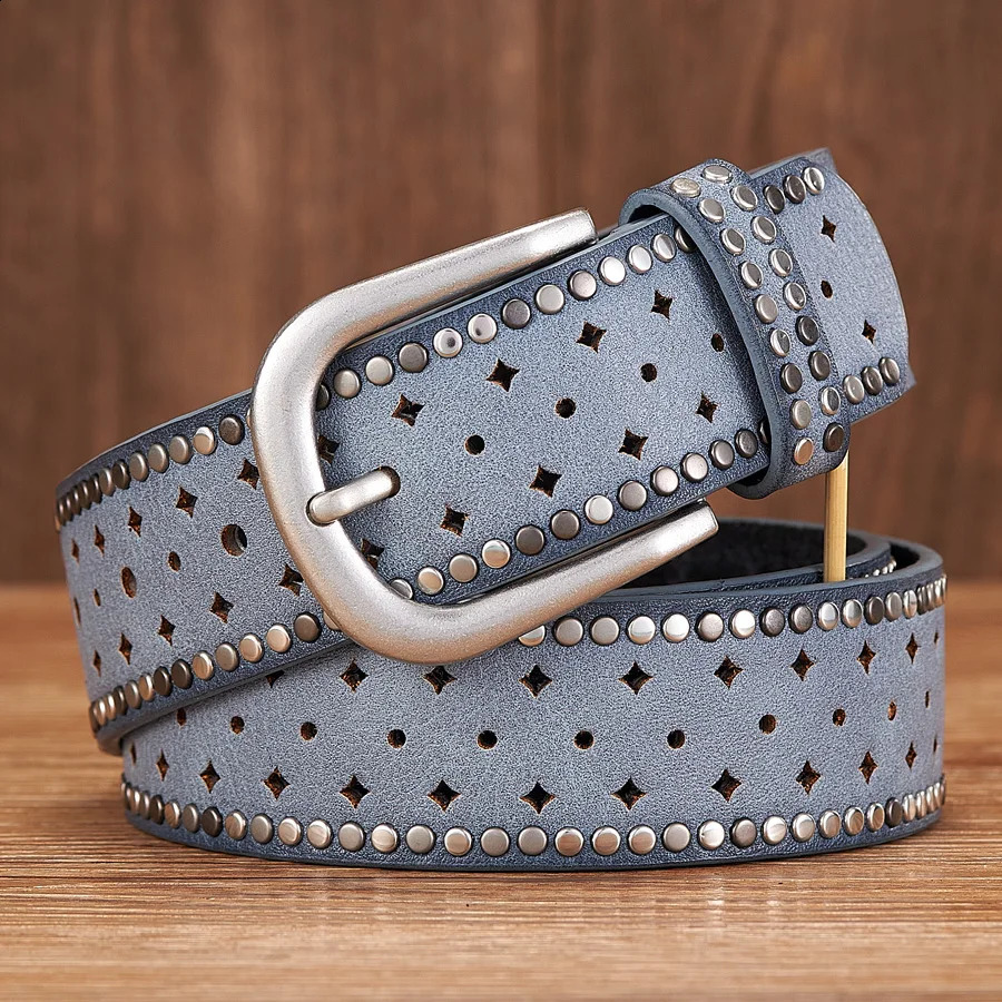 3.7CM original retro womens belt handsome hollow rivets fully matched fashionable womens belt high-quality womens wide belt 240924