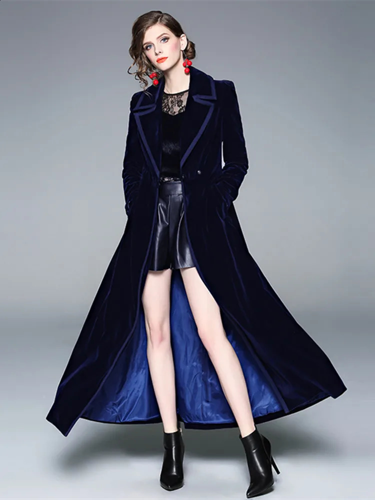 Winter Runway er Women Vintage Notched Collar Wrap Black Velvet Maxi Overcoat Thick Warm Pocket Long Trench Coat Outwear 240919