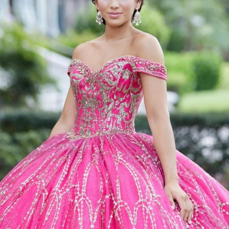 Rose Red Sparkly Quinceanera Dresses Ball Gown Off The Shoulder Beading Tull Party Birthday Sweet 16 Dress Vestidos De 15 Anos