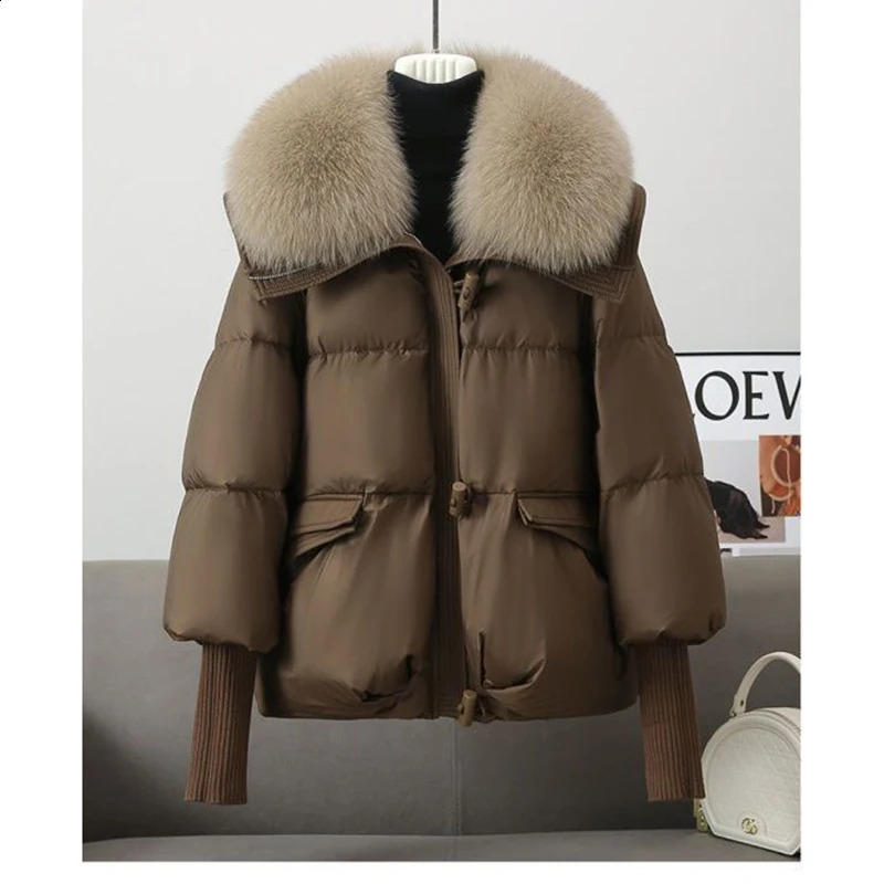 Winter Fur Collar Puffer Down Parka Loose Down Warmer Thicken Snow Jacket Pocket Zipper Faux Fur Outerwear Female 240919