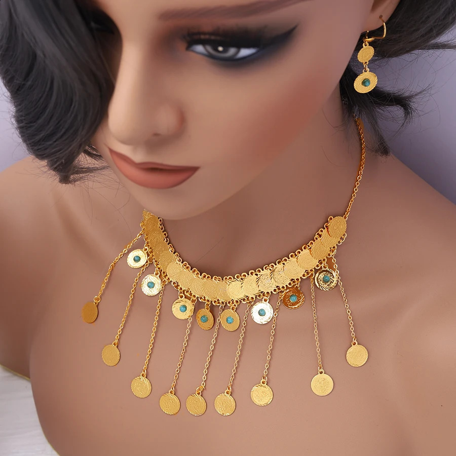 24K Gold Round Two Piece Set Ethiopia Middle East Womens Jewelry Dubai Earrings Necklace Wedding Jewelry 240927