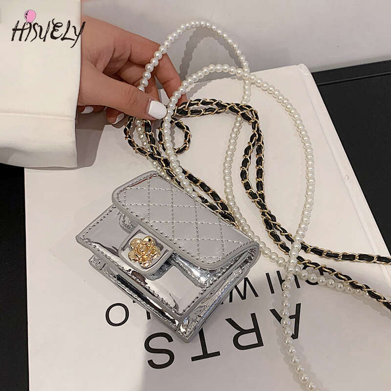 Leather Women Mini 2024 Bag Hanging Neck Camellia Bags Rhombus Earphone/Lipstick/Keys bag Pearls Chain Chest Waist Pack 4