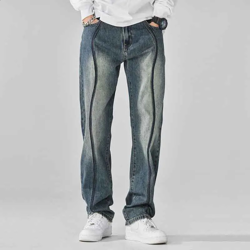 Retro American Street Summer Jeans Mens Pocket Zipper Distressed Trend Versatile Straight Wide Leg Denim Trouser 240926