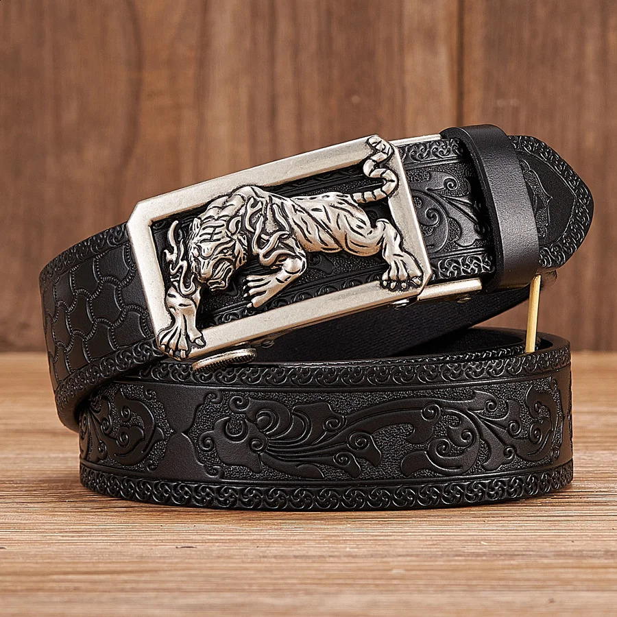Fashion tiger buckle Tang grass pattern leather strap mens art work strap automatic buckle commercial strap 240925