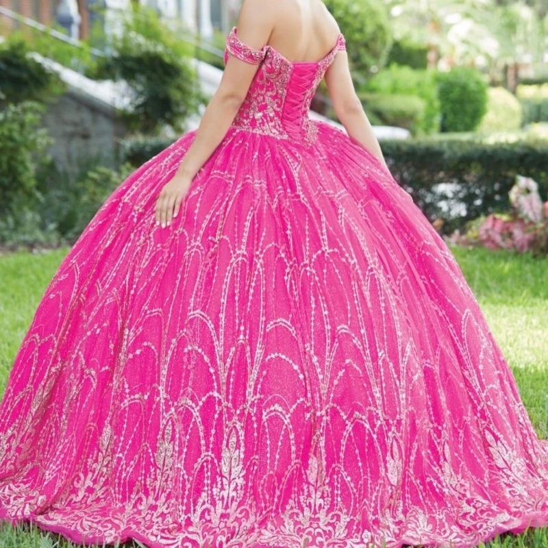 Rose Red Sparkly Quinceanera Dresses Ball Gown Off The Shoulder Beading Tull Party Birthday Sweet 16 Dress Vestidos De 15 Anos