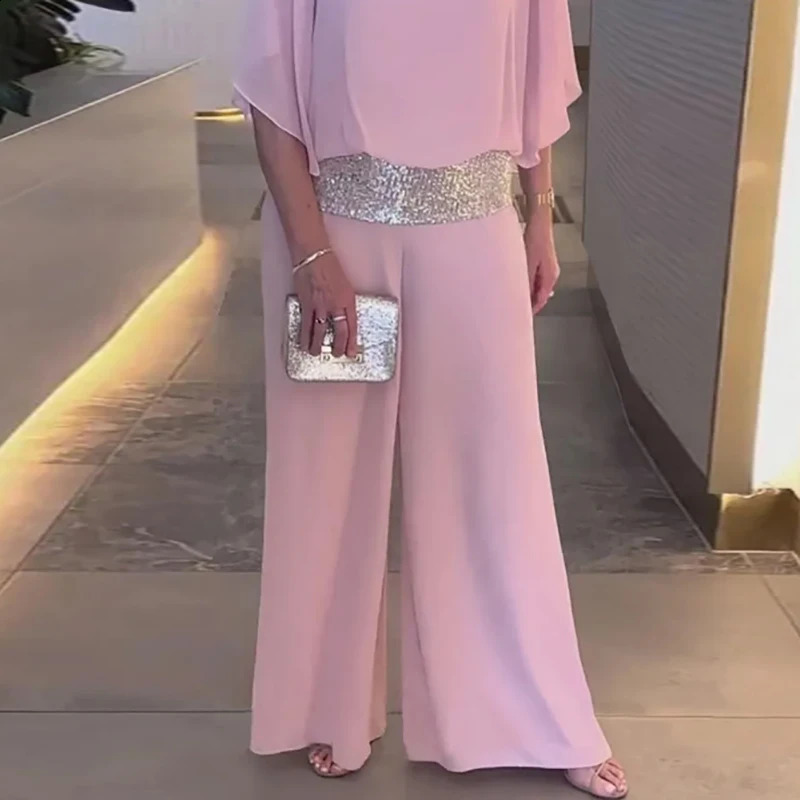 Pink Sequin Spinning Tunic Suit Women Spring O Neck Top Pullover Wide Leg Pants Outfit Summer Batwing Sleeve Loose Chiffon Set 240927