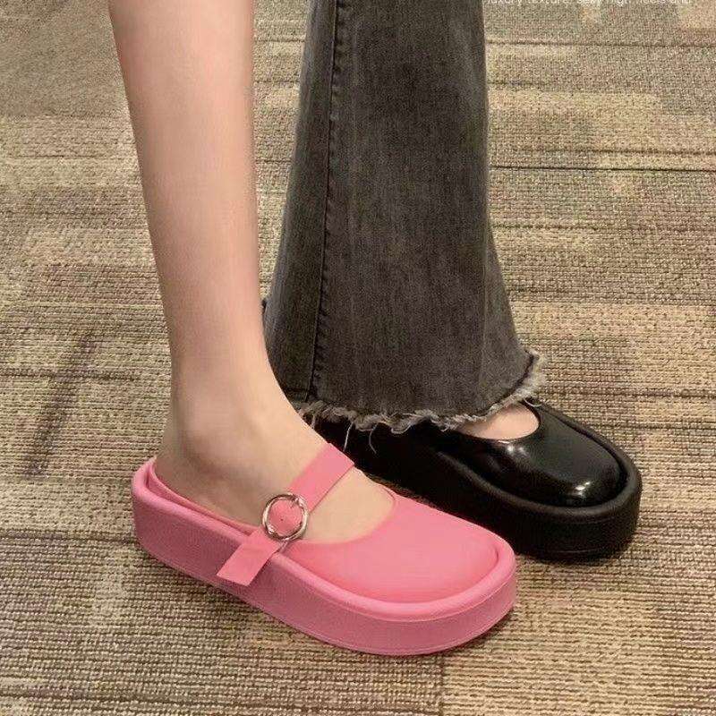 Outside Half Lazy Drag Women Thick Bottom Heightened Ugly Slippers Designer Platform Solid Buckle Casual Slides Shoes