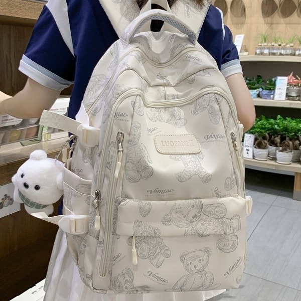 New Korean Style Women's Cute Little Bear Design Women's Backpack Large Capacity High School Student White Blue Backpack Casual Travel Backp