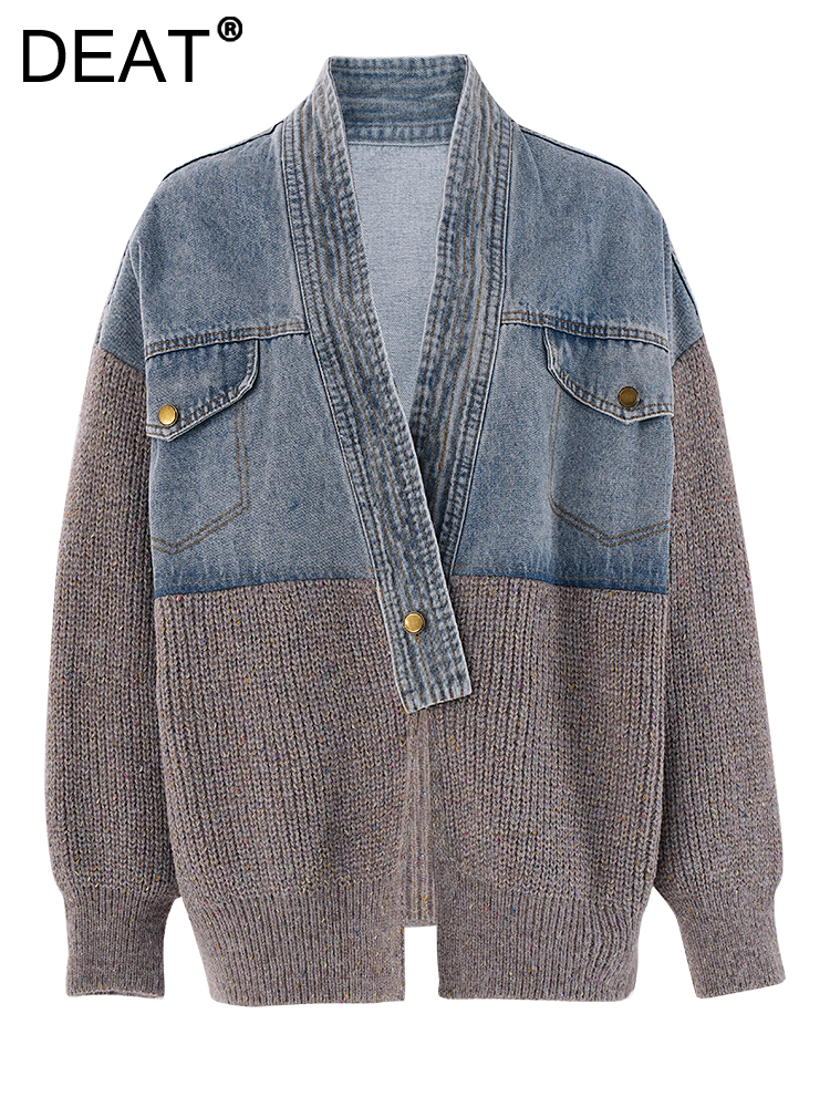 DEAT Fashion Womens Denim Patchwork Knitted Cardigan V-Neck Metal Single Button Loose Fit Sweater Coat Autumn New Cpg1989