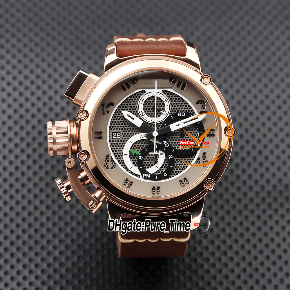Left Handed U-51 U51 Chimera Bronze 7474 Quartz Chronograph Mens Watch Grid Dial Skeleton Dial Rose Gold Case Brown Leather Stopwatch Gents Watches Pure_Time Z01H