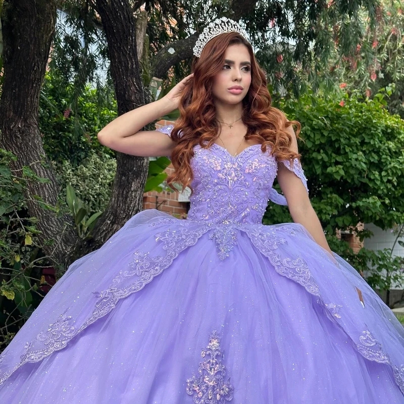 Lavender Ball Gown Quinceanera Dresses Off The Shoulder Birthday Party Vestido De 15 Anos Appliques Lace Beads Tull Sweet 16 Dress