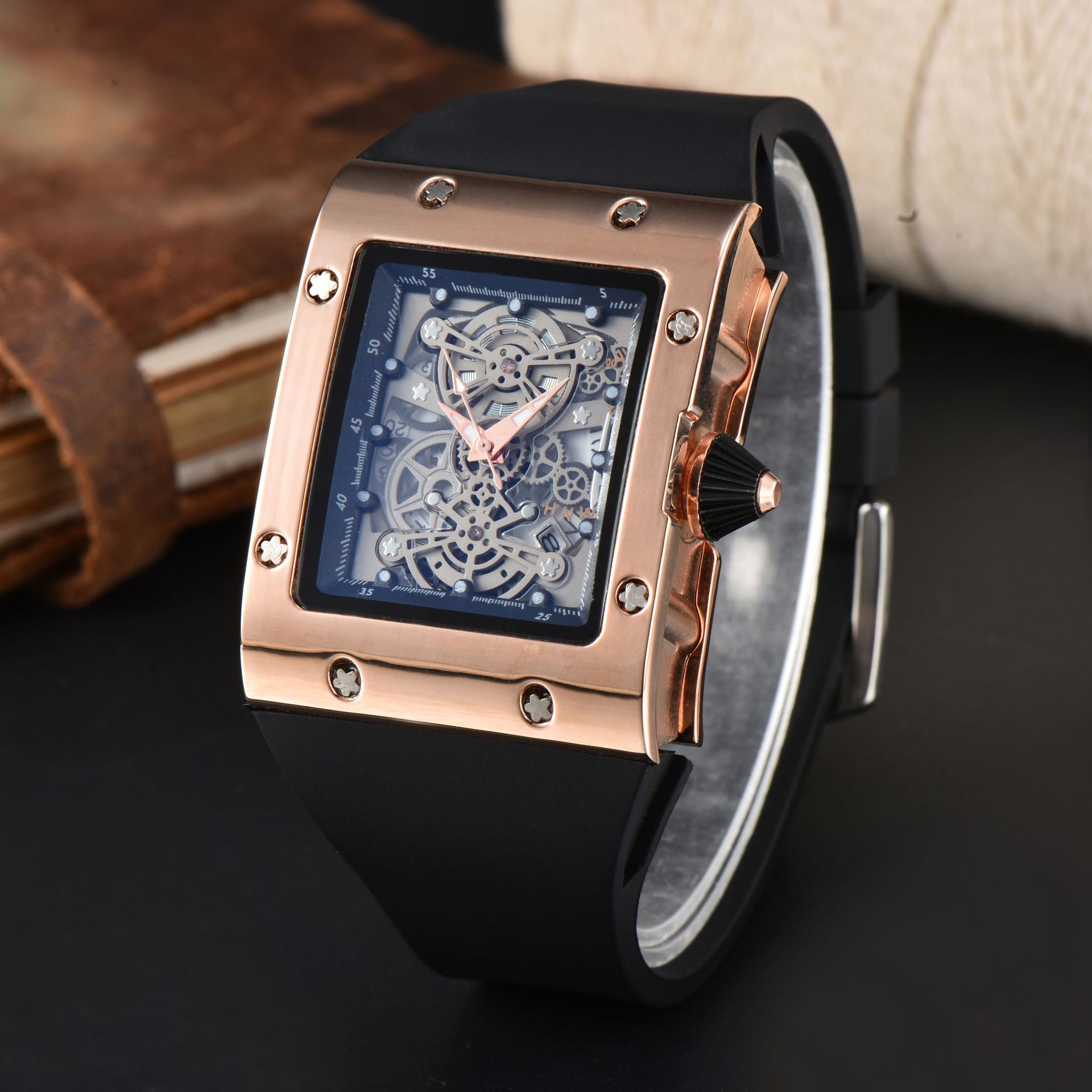 2024 Foreign trade hollow men's imitation mechanical rocker arm watch simple fashion multi-functional watch men's casual quartz watch