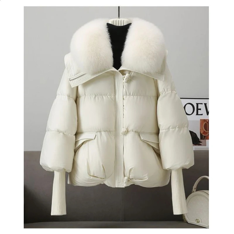 Winter Fur Collar Puffer Down Parka Loose Down Warmer Thicken Snow Jacket Pocket Zipper Faux Fur Outerwear Female 241105