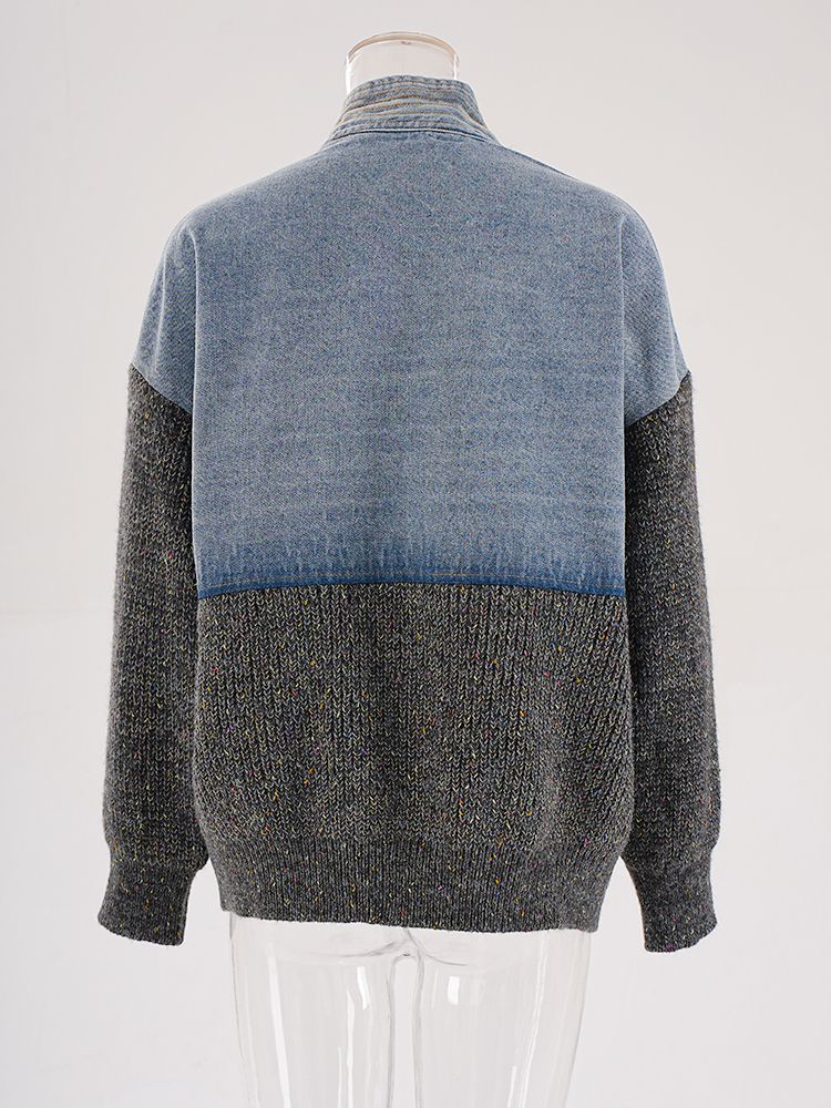 DEAT Fashion Womens Denim Patchwork Knitted Cardigan V-Neck Metal Single Button Loose Fit Sweater Coat Autumn New Cpg1989