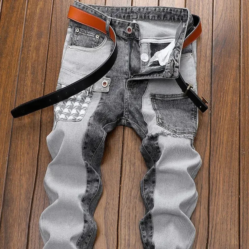 Spring and autumn denim mens clothing straight products slim and casual original er denim work splicing jeans pants Trouser 240924
