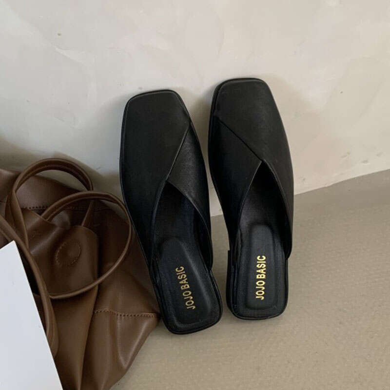 Half Drag Slippers Square Flat Toe Sandals 2025 Designer/Trend Outside Wear Casual Soft Bottom Mules Low Heel Sapatos Femininos