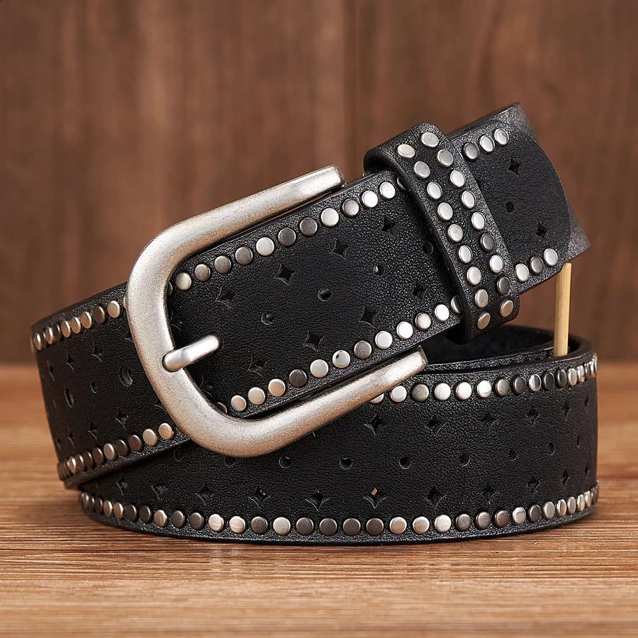 3.7CM original retro womens belt handsome hollow rivets fully matched fashionable womens belt high-quality womens wide belt 240924