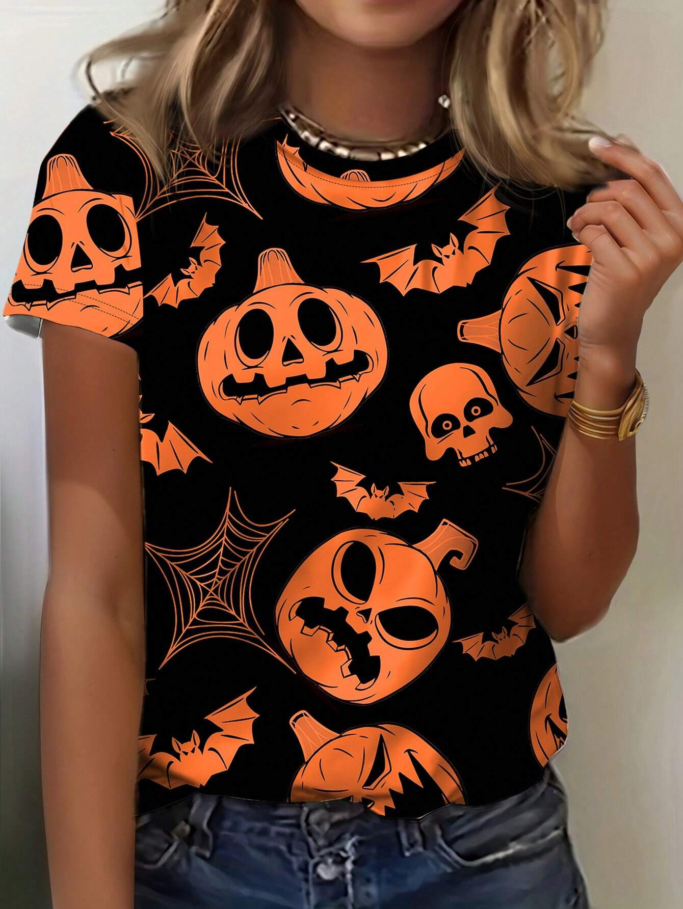 Spooky Vibes: Ladies' Summer 2024 3D Printed Short Sleeve Halloween T-Shirt dh5727163