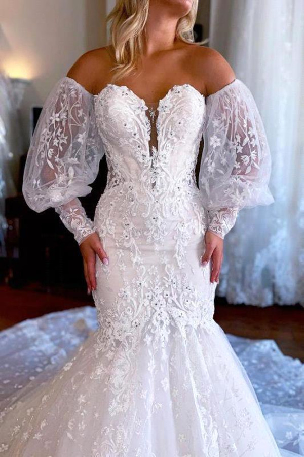 Sexy Sweetheart Removable Puff Sleeve Lace Pleat Tulle Mermaid Wedding Dress For Women Boho Bridal Gowns Sweep Robe De BC18264 0928