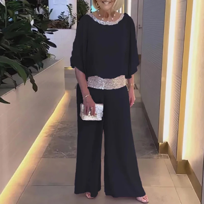 Pink Sequin Spinning Tunic Suit Women Spring O Neck Top Pullover Wide Leg Pants Outfit Summer Batwing Sleeve Loose Chiffon Set 240927