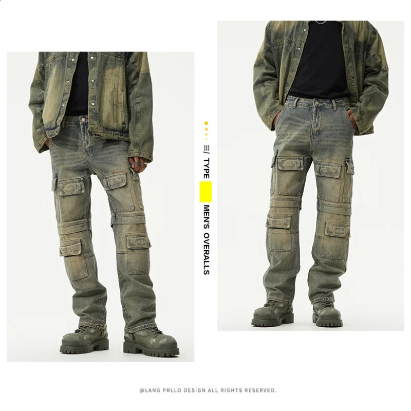 American retro trend loose straight mens jeans autumn and winter personalized workwear multi pocket mens pants 240929