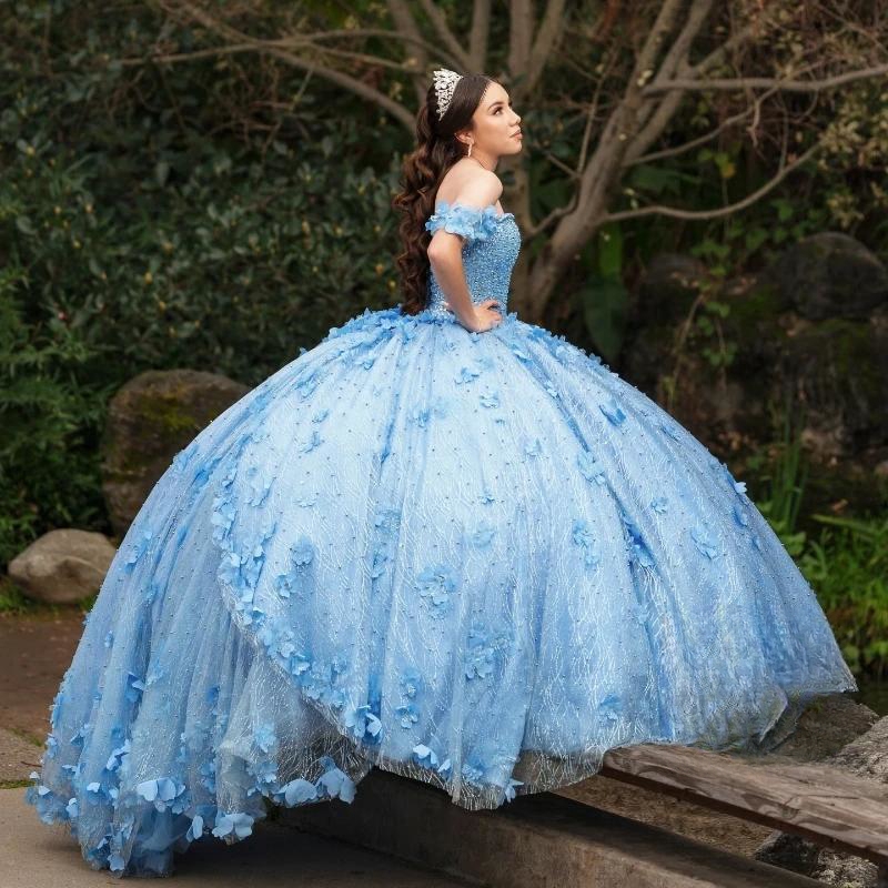 Sky Blue Gillter Princess Quinceanera Dresses Off The Shoulder Flower Beads Crystal Tull Lace-up Vestidos de 15 anos Prom Sweet 16 Dress