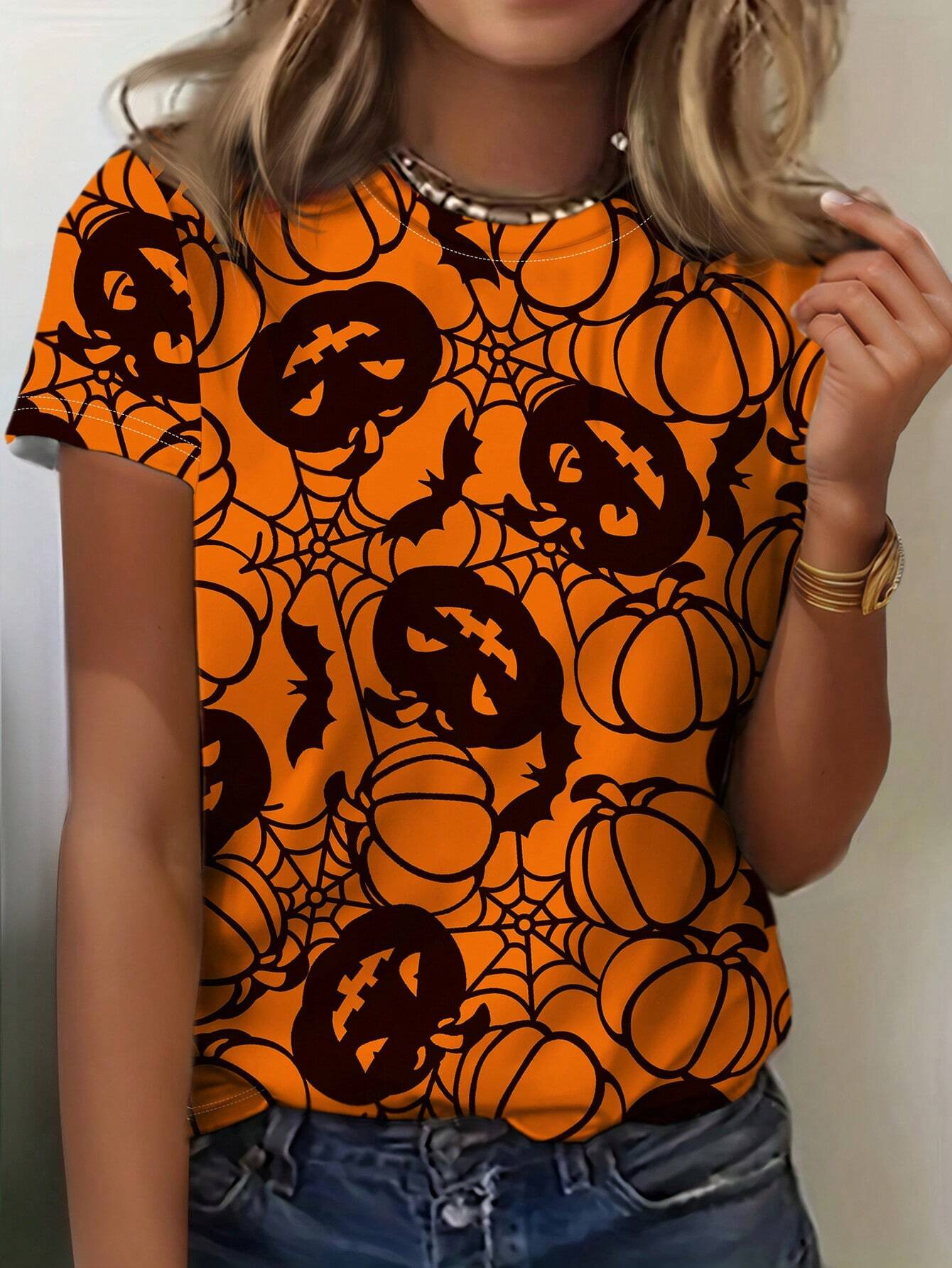 Spooky Vibes: Ladies' Summer 2024 3D Printed Short Sleeve Halloween T-Shirt dh5727163