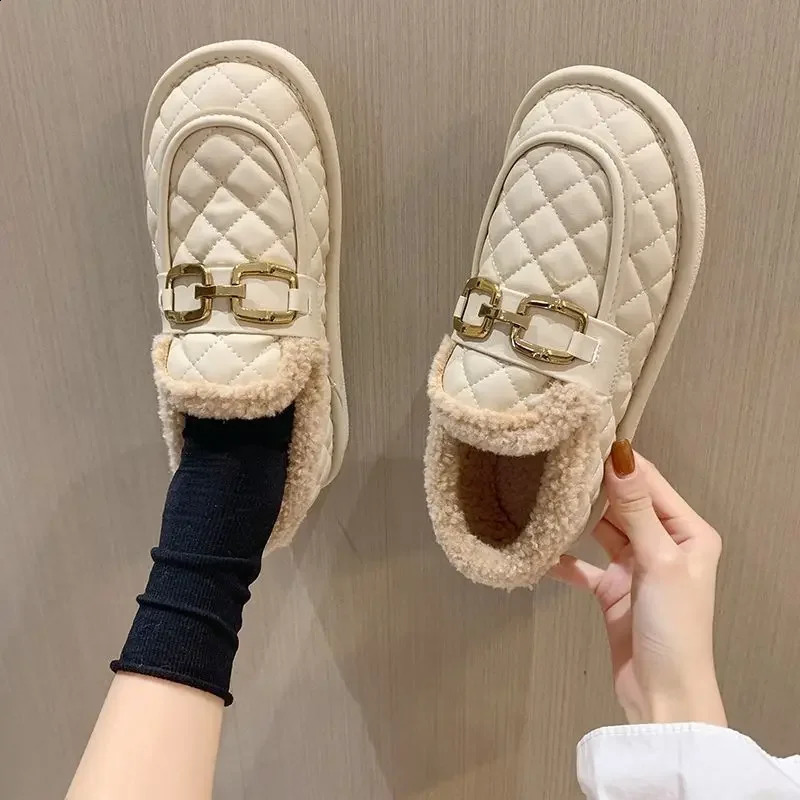 Warm coarse woolen style womens flat bottomed wool lined cotton shoes for casual autumn/winter pregnant womens flat shoes with soft soles 241008