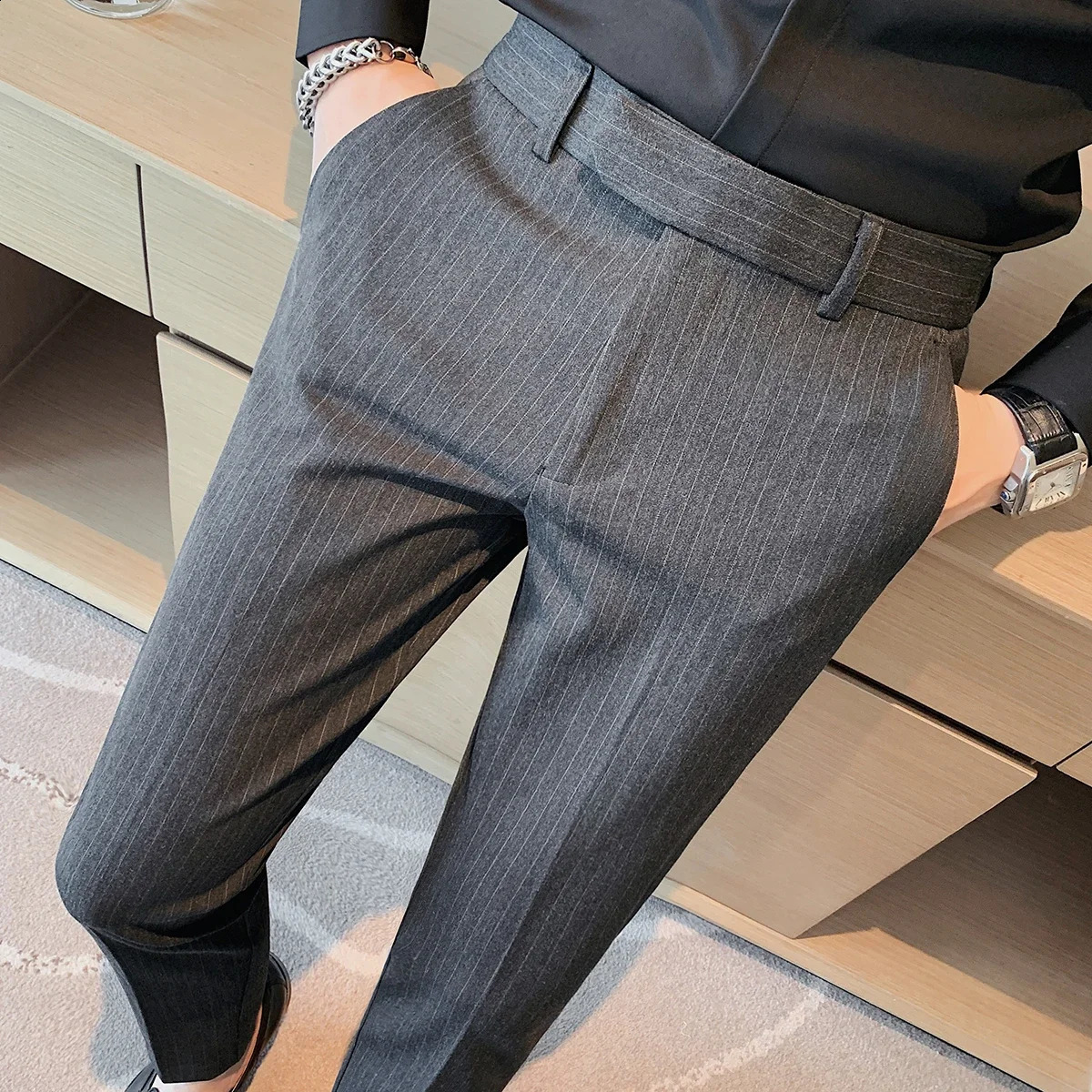 2024 Men Formal Trousers Fashion Male Dress Pants Stripe Slim Fit Business Casual Suit Pant Plus Size 38 Clothing L47 240919