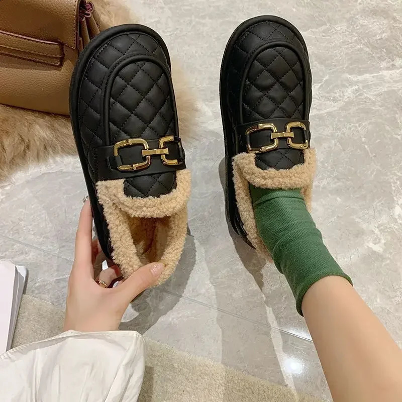 Warm coarse woolen style womens flat bottomed wool lined cotton shoes for casual autumn/winter pregnant womens flat shoes with soft soles 241008