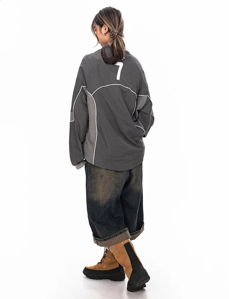 American retro Y2k hip-hop oversized reflective strip sports zipper hoodie womens dance outdoor sports sweater casual training T-shirt 240927
