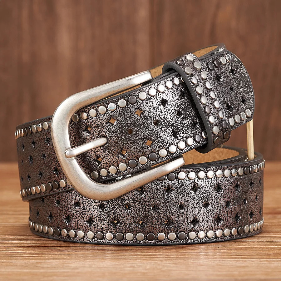 3.7CM original retro womens belt handsome hollow rivets fully matched fashionable womens belt high-quality womens wide belt 240924