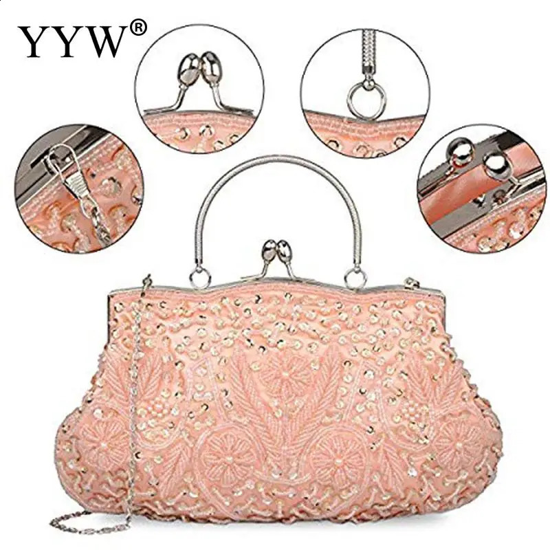 Crystal Beaded Evening Party Clutch Handbag Women Floral Printing Soft Tote Bags Metal Top Handle Wedding Brides Messenger Purse 240926
