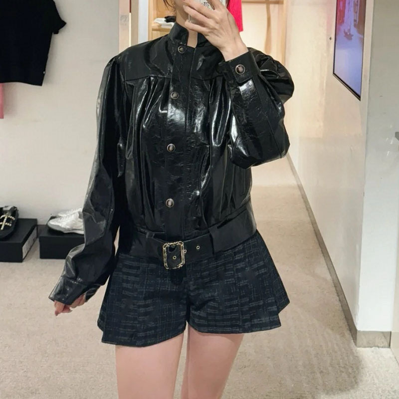 Runway Designer PU Leather Jacket For Womens High Quality Fashion Single Breasted Long Sleeve Stand Collar Coat Autumn Winter New F0924